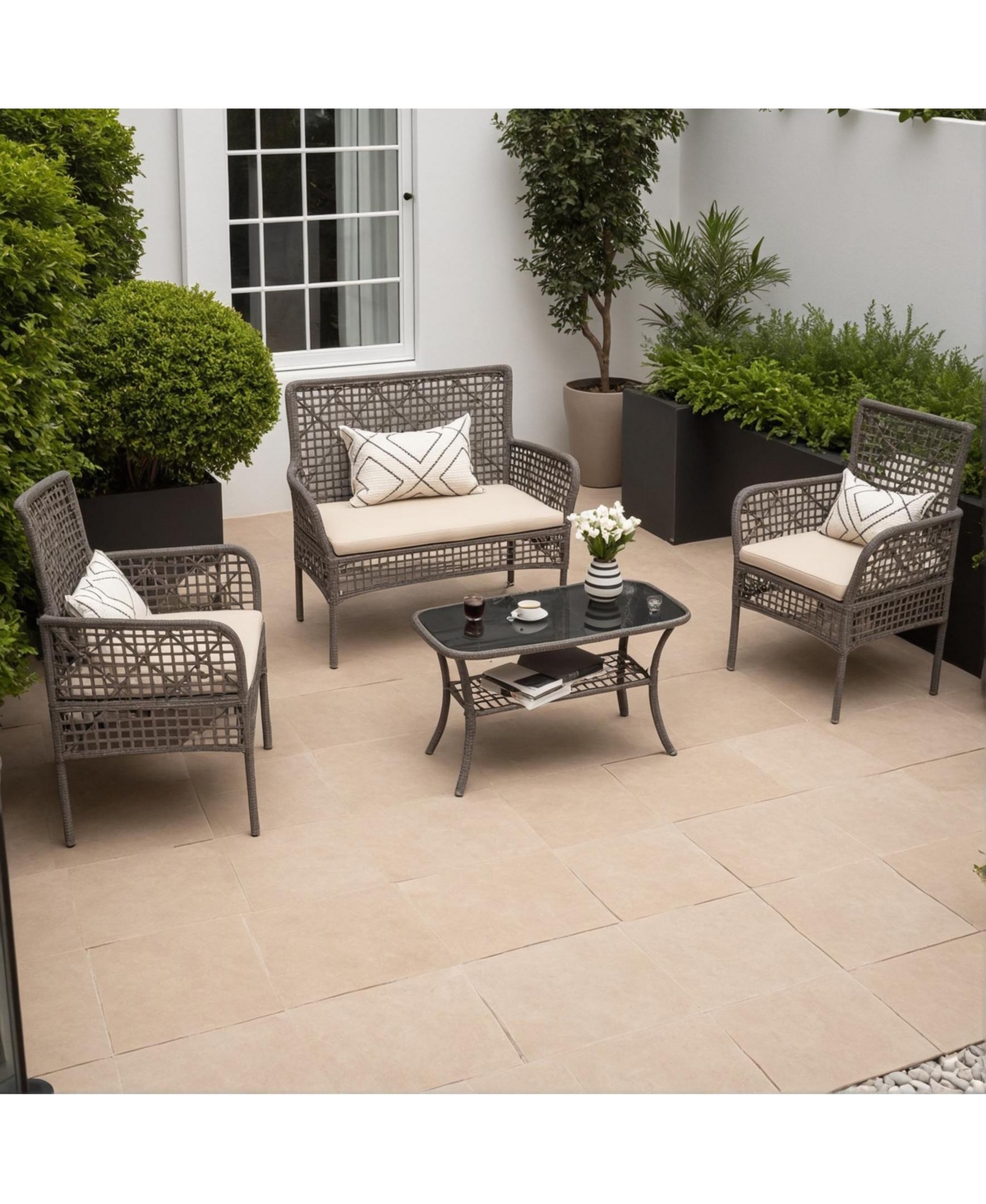 Flynama 4 Piece Outdoor Patio Pe Rattan Conversation Set with Tempered Glass Table Soft Cushions for Backyard Pool Lawn