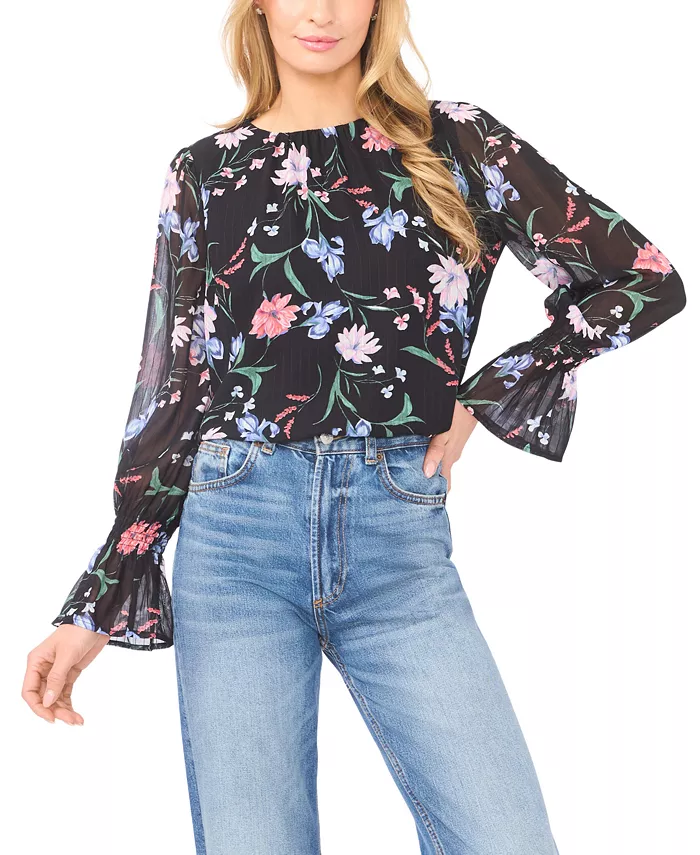 Women's Smocked Cuff Crewneck Blouse