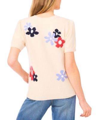 Women's Crewneck Flower Patterned Knit Short-Sleeve Sweater
