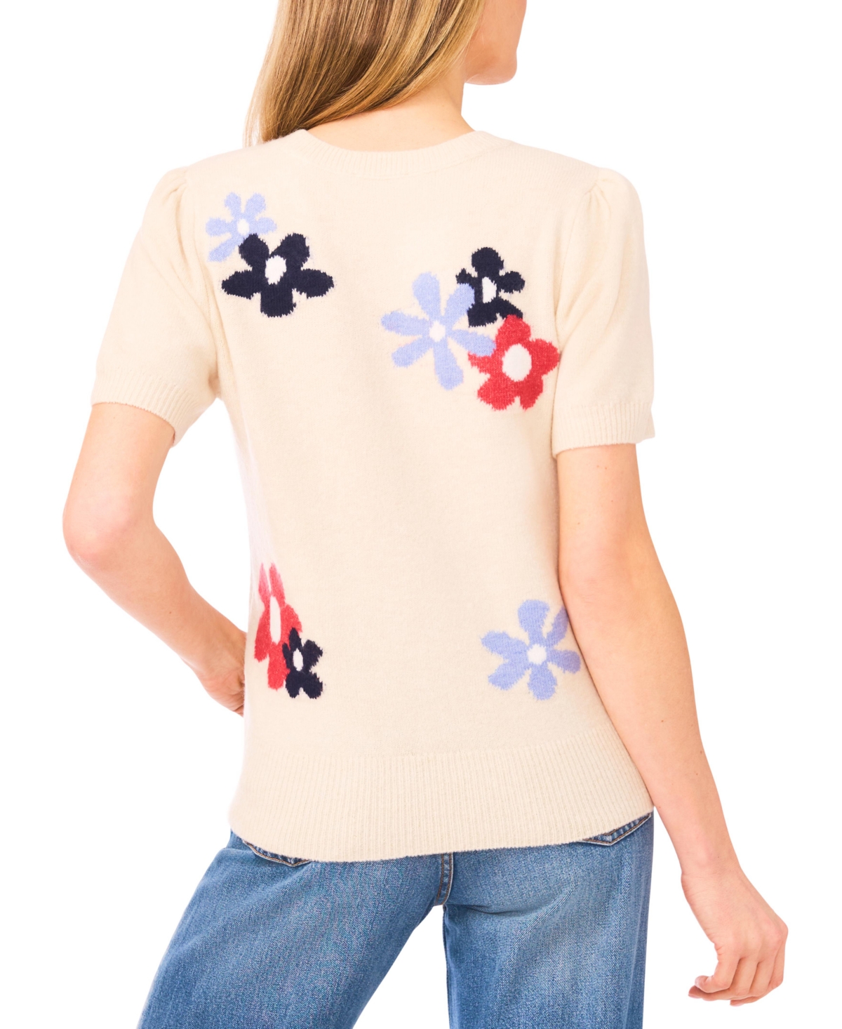 CeCe Women's Crewneck Flower Patterned Knit Short-Sleeve Sweater