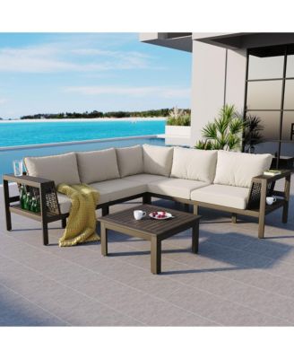 4 Piece Outdoor Acacia Wood L Shaped Patio Sofa Set with Coffee Table Woven Mesh Armrests Beige Cushions for Garden Poolside