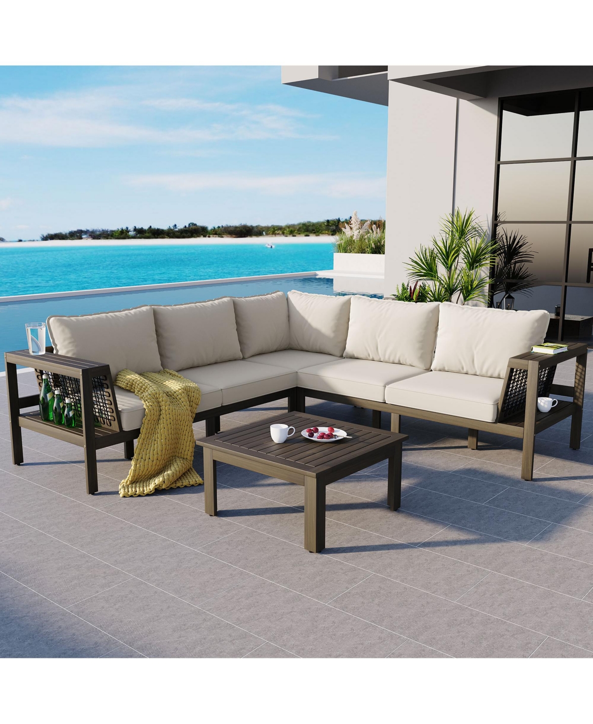 Flynama 4 Piece Outdoor Acacia Wood L Shaped Patio Sofa Set with Coffee Table Woven Mesh Armrests Beige Cushions for Garden Poolside