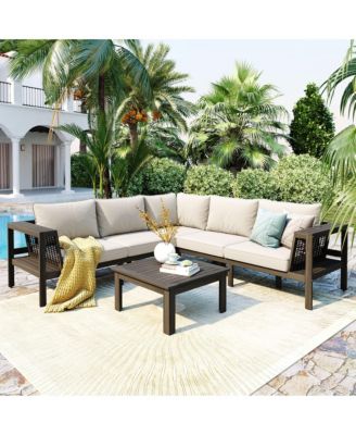 4 Piece Outdoor Acacia Wood L Shaped Patio Sofa Set with Coffee Table Woven Mesh Armrests Beige Cushions for Garden Poolside