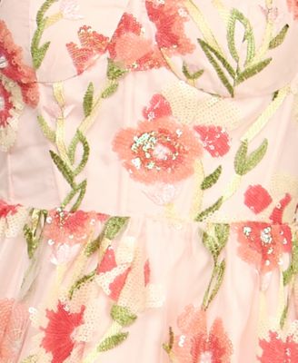 Juniors' Strappy Corseted Sequin Floral Ball Gown