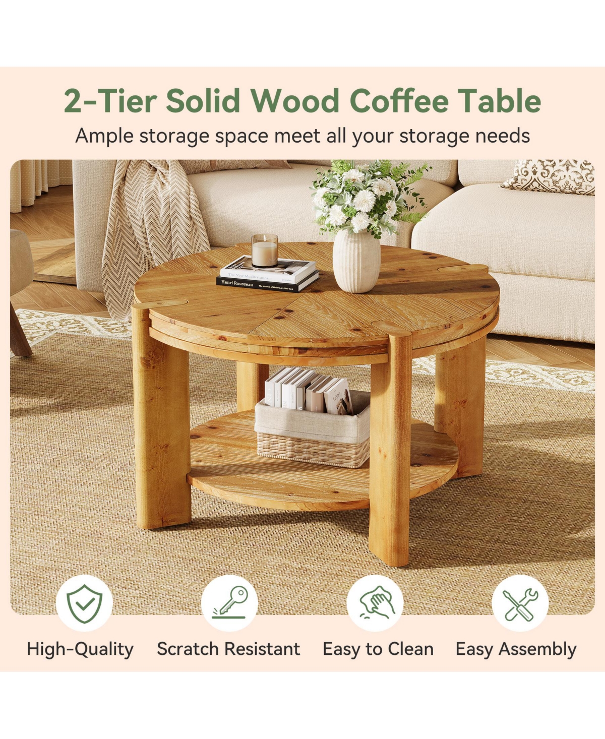 Tribesigns Round Solid Wood Coffee Table, 29.5" Farmhouse Circle Accent Center Tables, 2 Tiers Open-Style Storage Cocktail Tea Furniture
