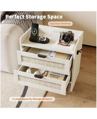 Set of 2 Rattan Nightstands, 2-Drawer Bedside Table with Type-C Charging Station