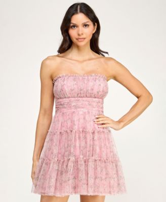 Juniors' Strapless Ruffle Neck Tiered Short Dress