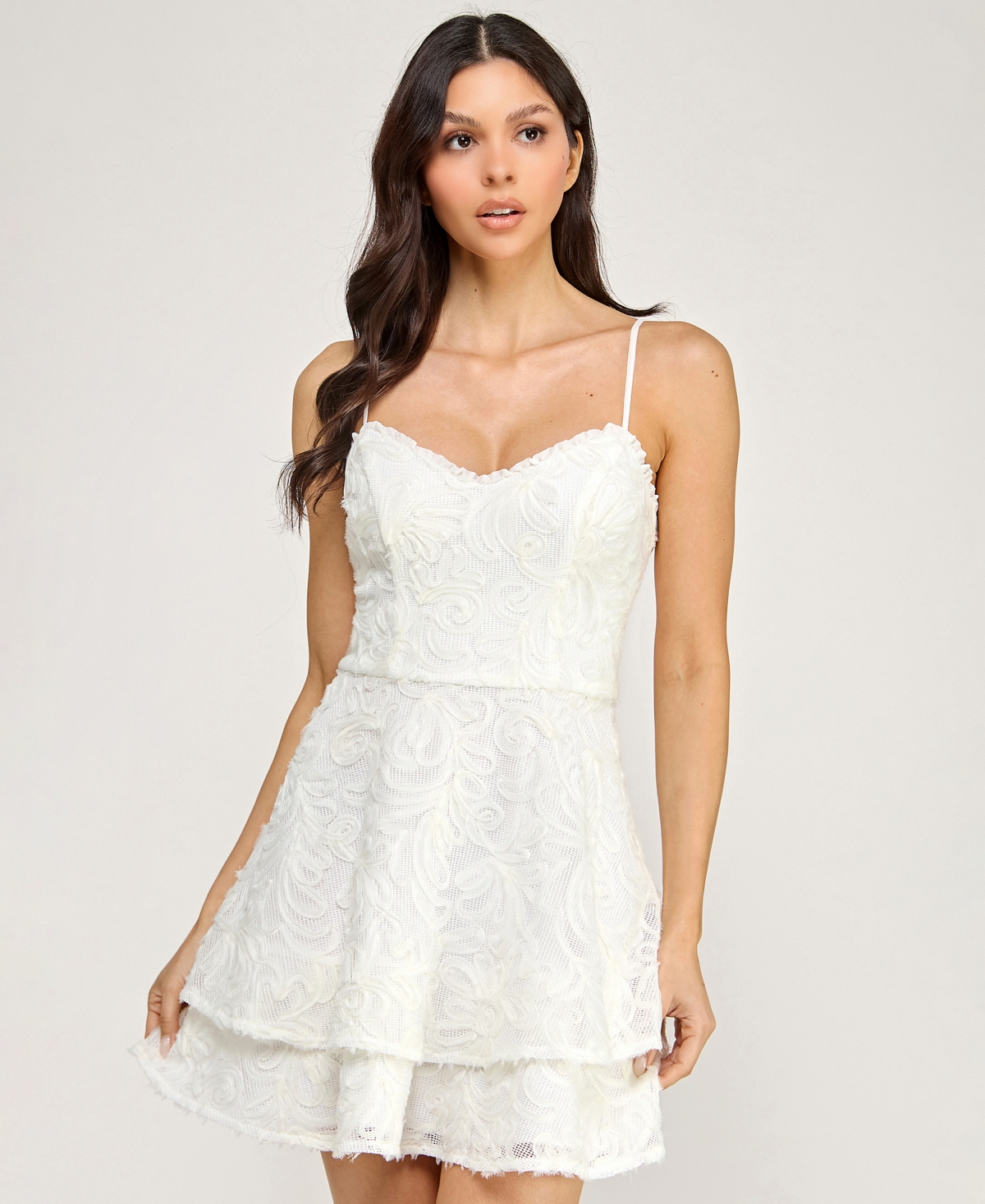 Seni & Cade Juniors' Ruffle Neck Double Tiered Short Dress