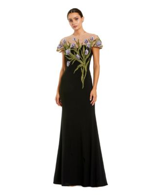 Petite Jersey Floral Embroidered Illusion Neck Gown