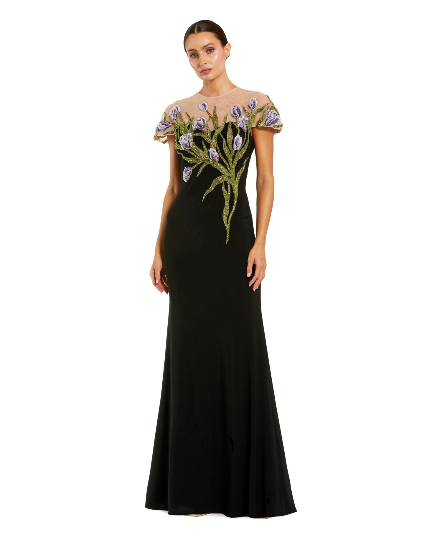 Petite Jersey Floral Embroidered Illusion Neck Gown