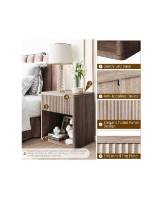 Set of 2 Mid Century Fluted Wood Nightstands, Modern Farmhouse Drawer Storage End Table for Bedroom