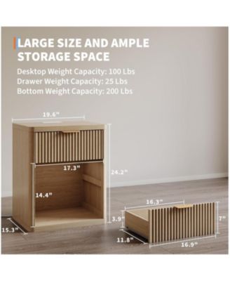Set of 2 Natural Fluted Nightstands, Bedside Table with Charging Station Drawers & Open Storage