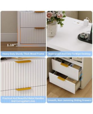 Set of 2 Fluted Nightstands, 2-Drawer Bedside Table with Built-in Charging Station & Open Storage