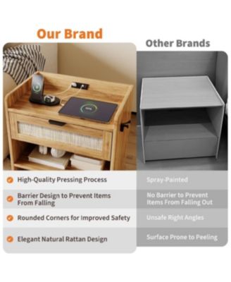 Set of 2 Walnut Brown Rattan Nightstands, 1-Drawer Bedside Table with Type-C Charging Station & Open Storage