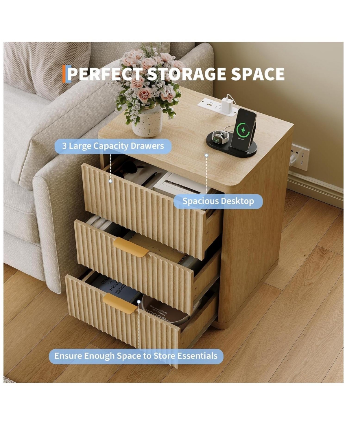 gaomon 1PC Natural Fluted Nightstand, 3-Drawer Bedside Table with Charging Station & Open Storage