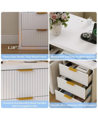 Set of 2 White Fluted Nightstands, 3-Drawer Bedside Table with Built-in Charging Station & Open Storage