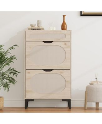 Rattan Shoe Cabinet with 2 Flip Drawers & 1 Pull-Out Drawer – Free-Standing Shoe Storage Cabinet with 3-Position Adjustable Shelf