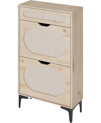 Rattan Shoe Cabinet with 2 Flip Drawers & 1 Pull-Out Drawer – Free-Standing Shoe Storage Cabinet with 3-Position Adjustable Shelf