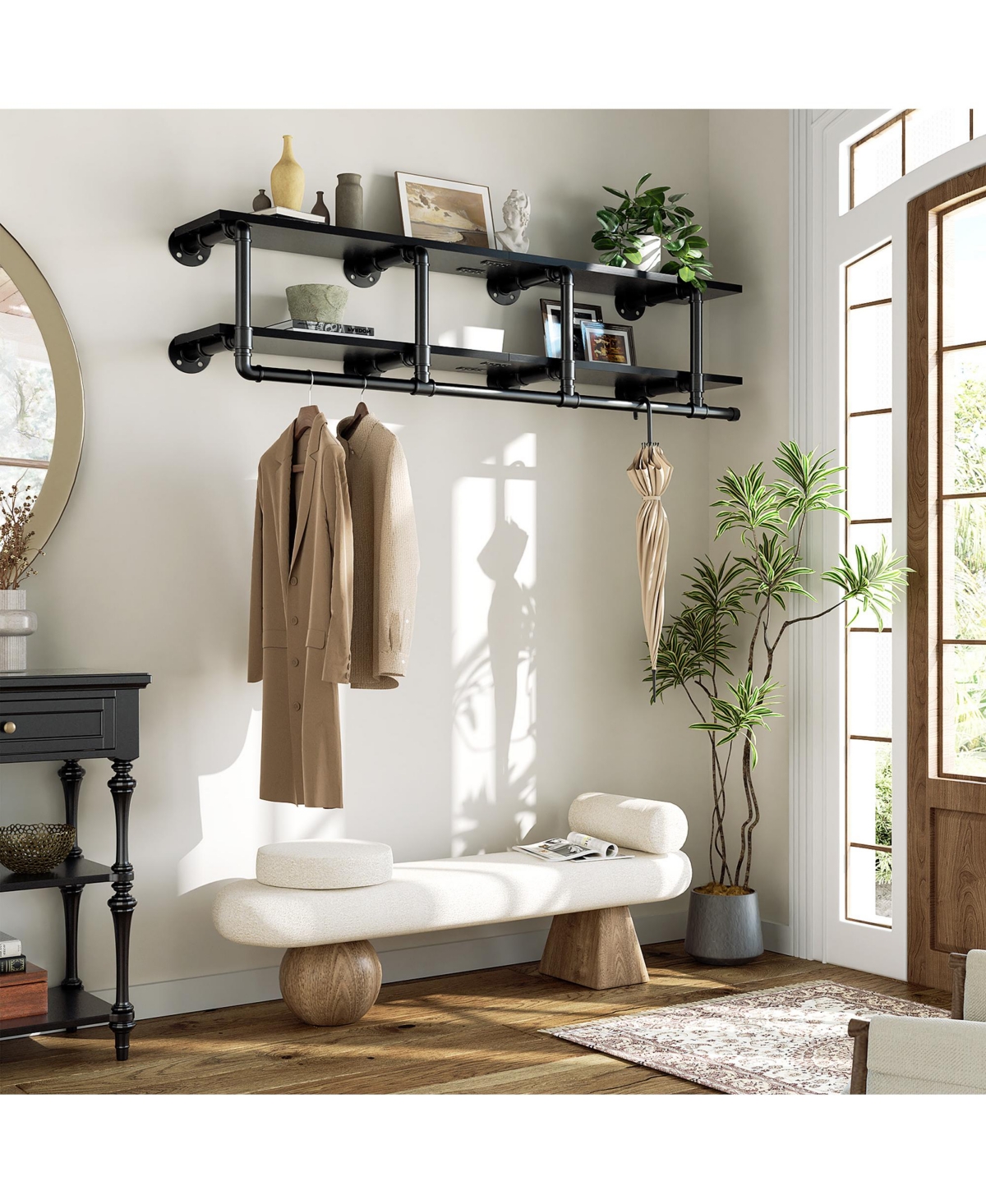 2-Tier Clothing Rack with Hanging Rod, Shelves Top Shelf