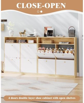 Narrow Shoe Cabinet with 4 Flip Drawers and Open Shelf, Wooden Freestanding Shoes Organizer with Shelves for Slippers,Sneakers,Heels