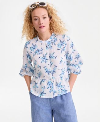 Women's 100% Linen Blouson-Sleeve Peplum Top