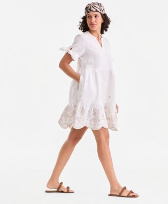 Women's 100% Linen Eyelet-Trim Tiered Mini Dress