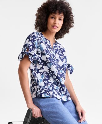 Women's 100% Linen Split-Neck Tie-Cuff Top