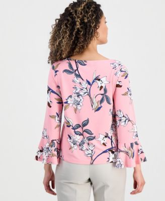 Petite Floral Flare-Sleeve Boat-Neck Top