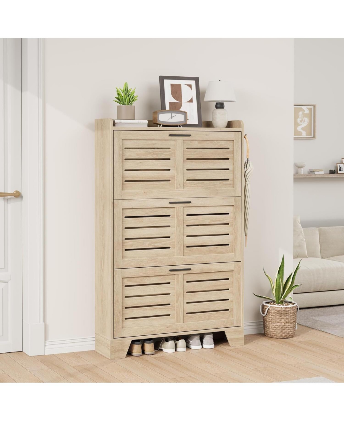 gaomon Shoe Storage Cabinet with 3 Flip Drawers, Freestanding Shoe Organizer Storage for Entryway with 2 Side Hooks, Shoe Rack Cabinet, Natural Oak