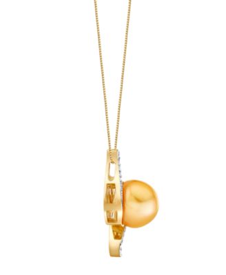 Cultured Golden South Sea Pearl (12mm) & Diamond (1/8 ct. t.w.) Pendant Necklace in 10k Yellow Gold