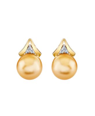 Cultured Golden South Sea Pearl (9mm) & Diamond Accent Earrings in 10k Yellow Gold