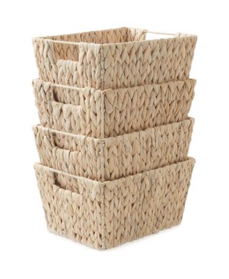 Set of 4 Whitewash Water Hyacinth Baskets with Handles, 12x9x6 Storage Bins for Shelves, Blankets & Laundry