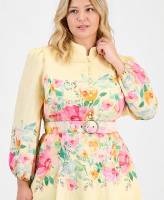 Plus Size Placed-Print Belted Fit & Flare Dress