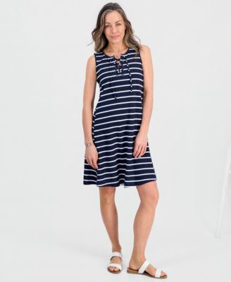 Petite Striped Knit Sleeveless Lace-Up Dress
