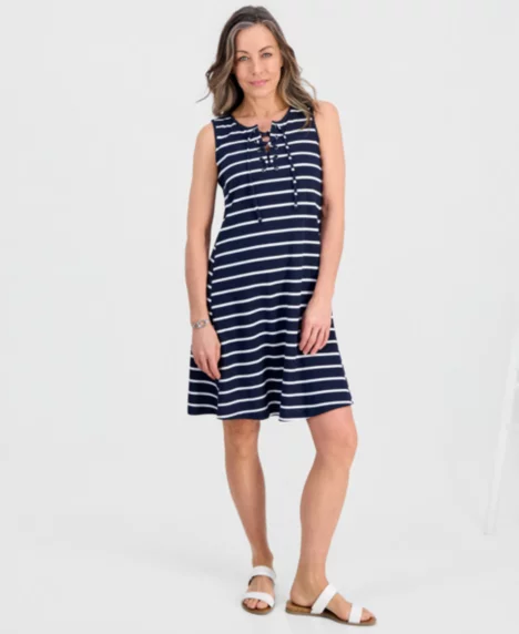 Petite Striped Knit Sleeveless Lace-Up Dress - Spaced Striped Indigo