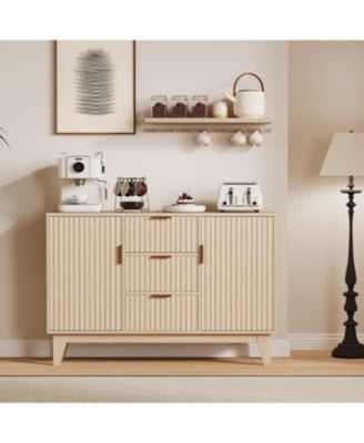 Fluted Sideboard Buffet Cabinet, 47.2in Large Accent Coffee Bar Cupboard Storage Cabinet with 3 Drawers 2 Doors for Kitchen Living Room