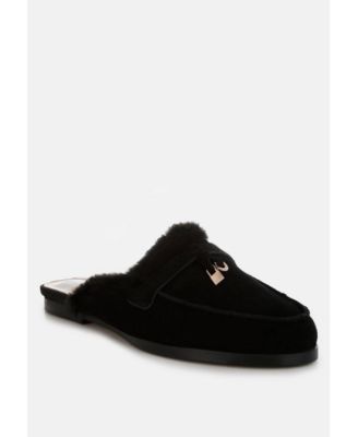 Womens Bosnia Suede & Faux Fur Slip On Mules