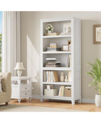 71" Farmhouse Bookcase w/Adjustable Shelves & 31.5" Width, 5 Tier Tall Bookshelf with Wooden Legs, Rustic Vintage Book Shelf