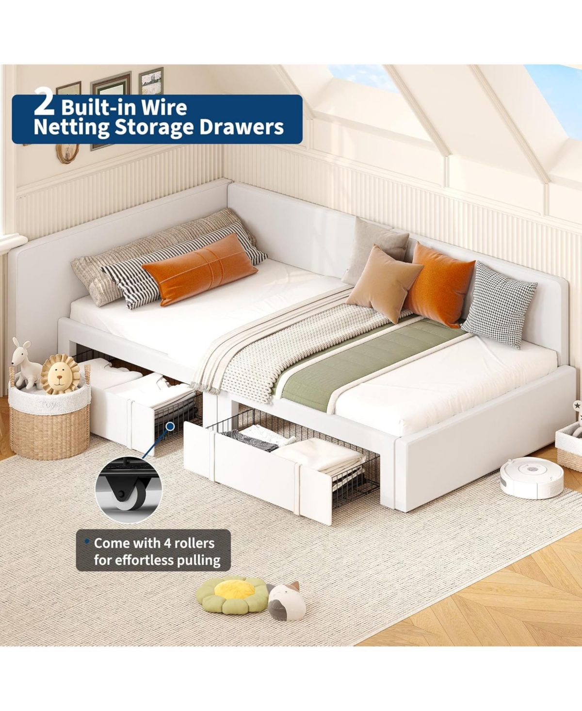 gaomon daybed with 2 storage drawers, Corner Bed frame with Extended headboard and Bed Rails, Velvet Upholstered Sofa Bed with Guardrail