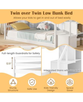 Twin Over Twin Bunk Bed with Storage Stairs, Solid Wood Frame - 42