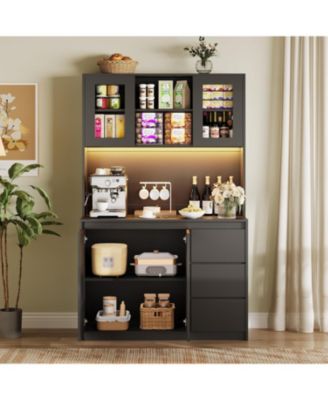 Freestanding Pantry Cabinet with Adjustable Shelf, Kitchen Pantry Cabinet with Built-in Power Hub for Dining