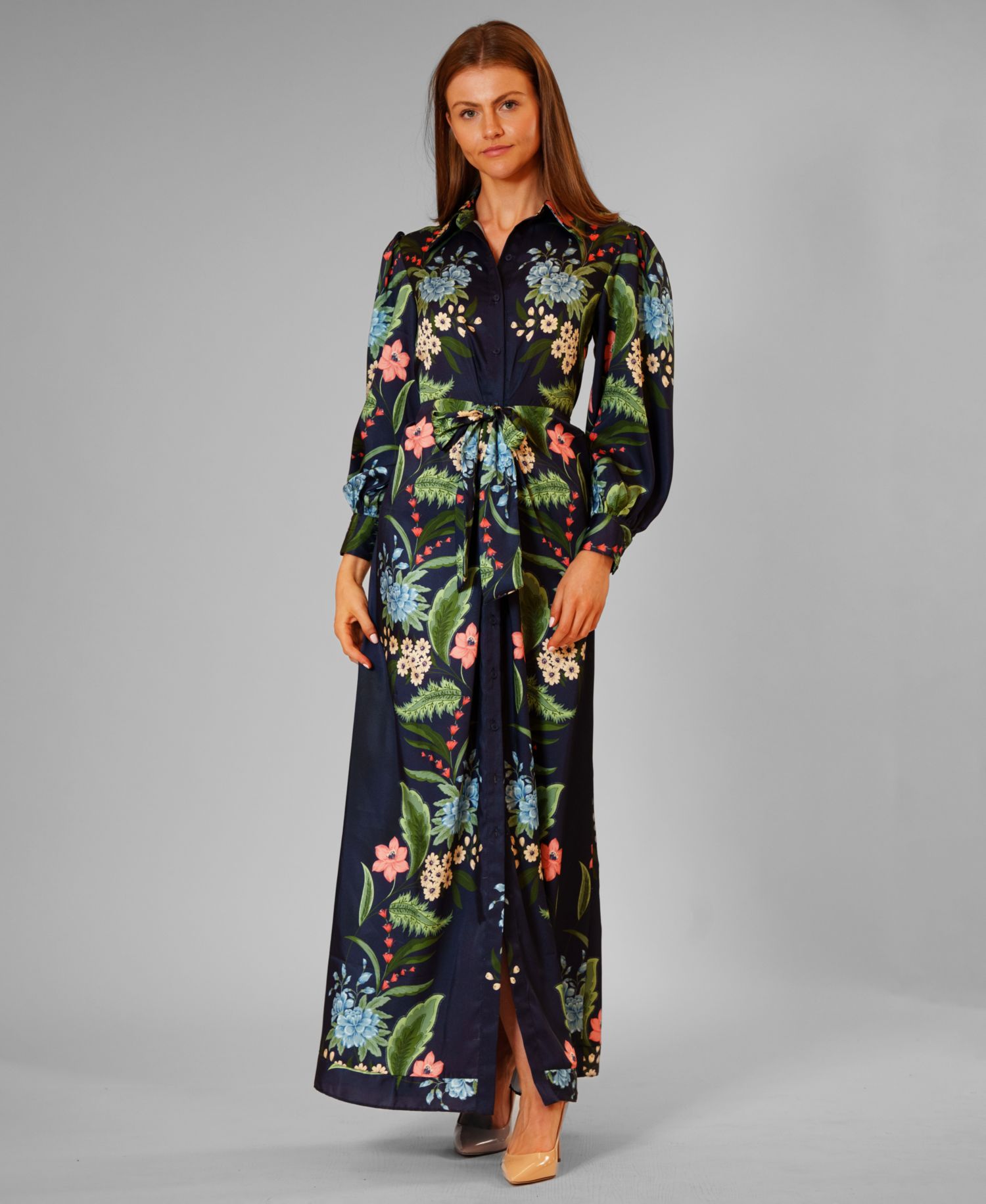Women's Long-Sleeve Collared Maxi Shirt Dress