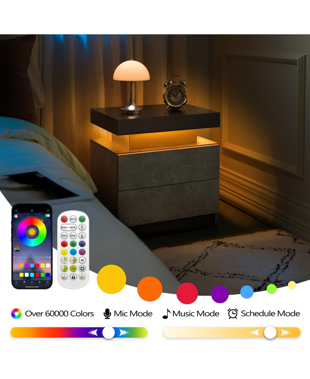 Rainsken Led Nightstand with 2 Drawers, Bedside Table Cabinet with Adjustable Color Lighting, Modern End Side Table for Bedroom