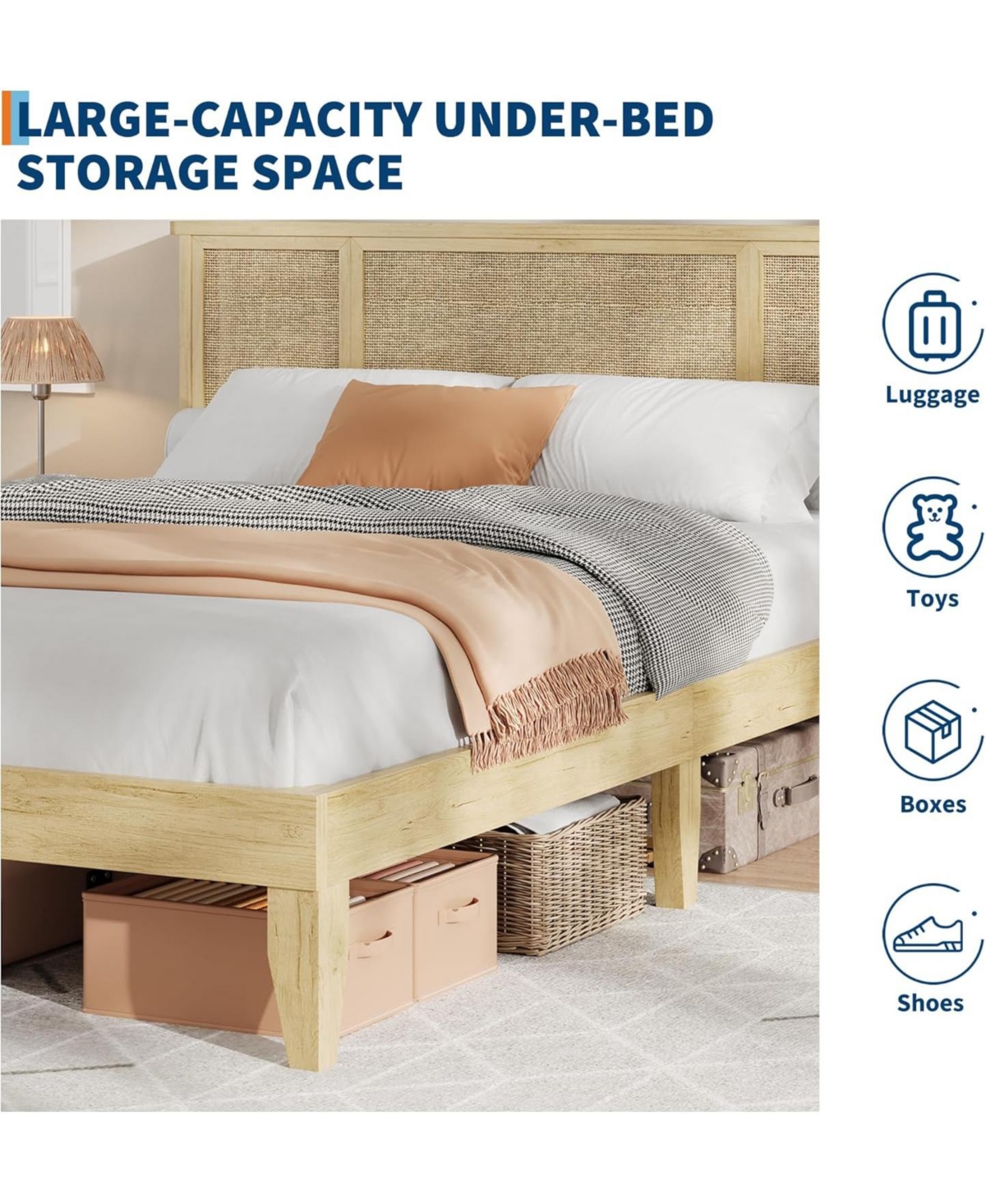 gaomon Full Bohemian Rattan Headboard Bed with Wood Slats, Metal Platform, Cane Accent, Durable Support, No Box Spring Needed