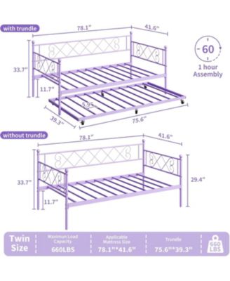 Kids Twin Daybed with Trundle, Purple, Heart Metal Headboard, Steel Slats, Easy Assembly