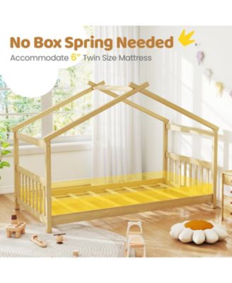 Twin House Bed with Solid Wood Frame and Roof Design - 42