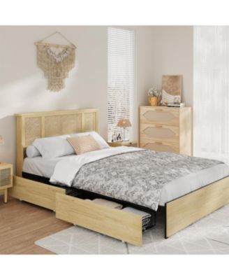 Full Boho Bed with Rattan Headboard, 4 Storage Drawers, Wood Slats, Metal Frame, No Box Spring Needed