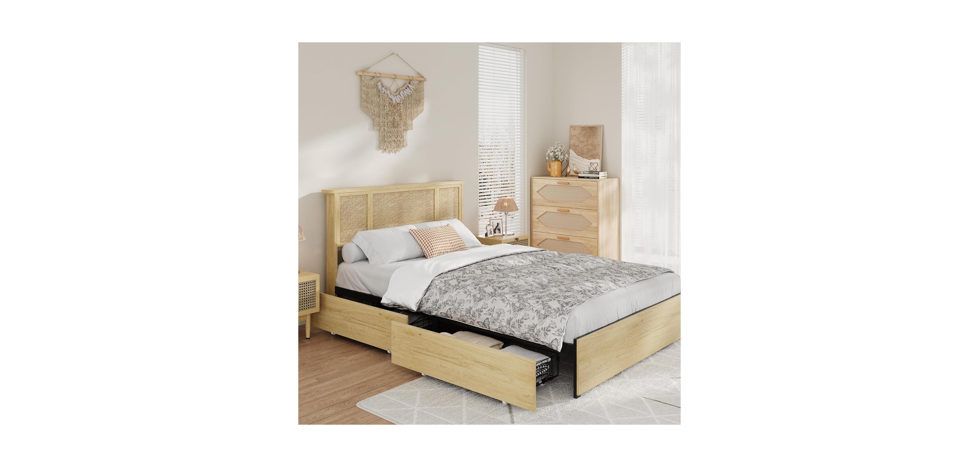 gaomon Full Boho Bed with Rattan Headboard, 4 Storage Drawers, Wood Slats, Metal Frame, No Box Spring Needed