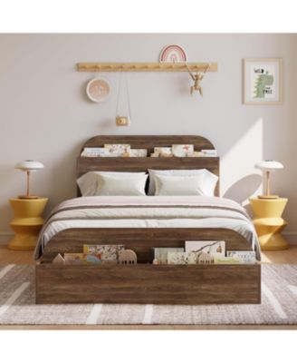 Twin Size Bed Frame, Wooden Beds with Storage Headboard and Raised-Foodboard, Twin-Floor Low Platform Bed for Bedroom, Sturdy Wooden
