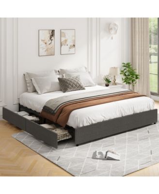 King Fabric Upholstered Platform Bed Frame with 4 Storage Drawers
